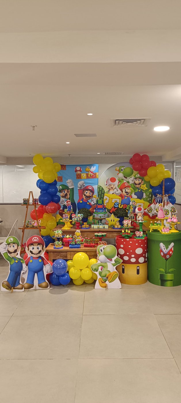 Festa temática Super Mario — decoração salão Go Games Rio